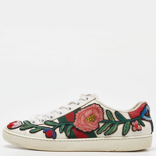 Original Gucci White Leather Floral Embroidered Ace Sneakers Size 35