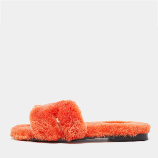 Original Hermes Orange Shearling Fur Oran Flat Slides Size 38 (Never Used)