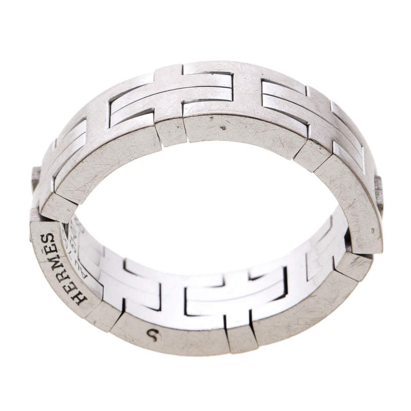 Original Hermes Kilim H Motif 18k White Gold Band Ring Size 51