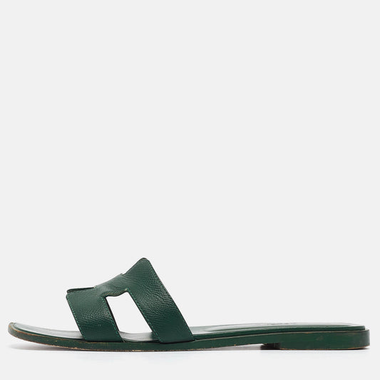 Original Hermes Green Leather Oran Flat Slides Size 38.5