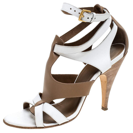 Original Hermes White/Brown Leather Strappy Open Toe Sandals Size 38