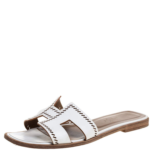 Original Hermes White Leather Oran Flat Slides Size 39