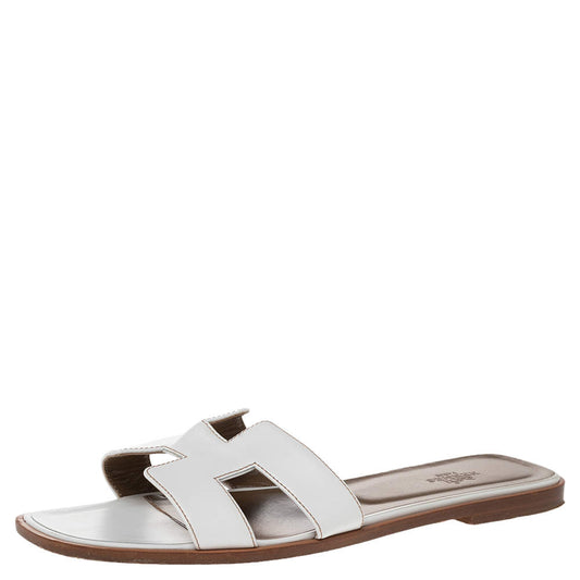 Original Hermes White Leather Oran Slide Flats Size 40.5