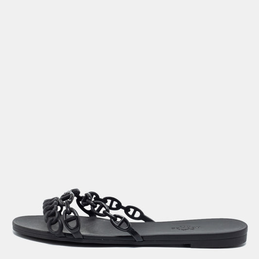 Original Hermes Black Rubber D'ancre Chaine Rivage Flat Slides Size 37