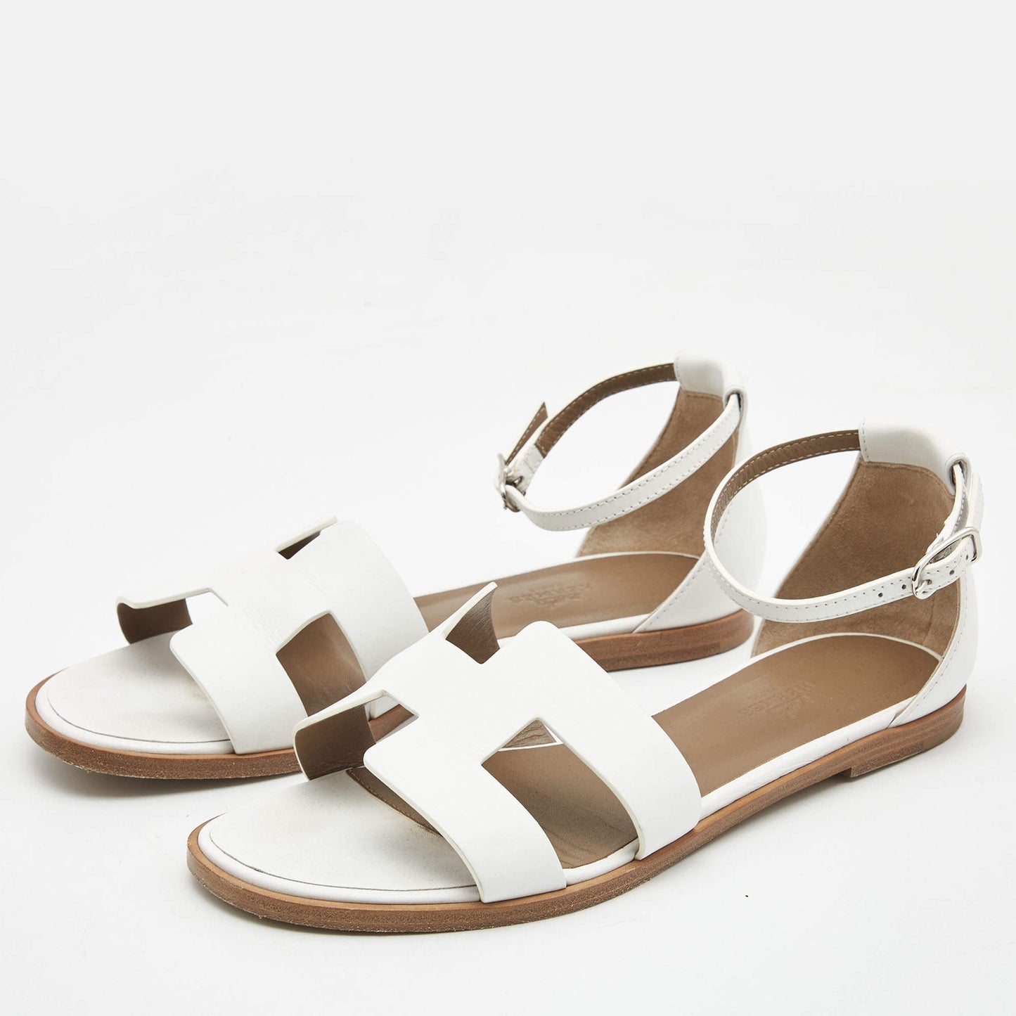 Original  Hermès  White Leather Santorini Flat Sandals Size 37