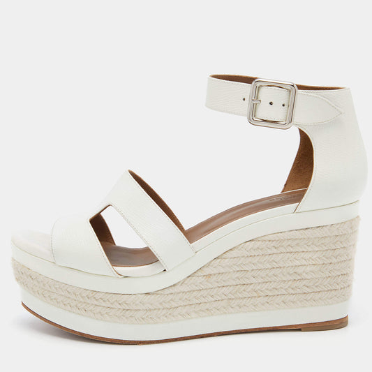 Original Hermes White Patenr Leather Ilana Espadrille Wedge Sandals Size 38.5