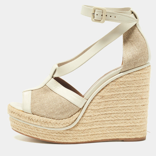 Original Hermes White/Beige Leather and Canvas Ibiza Espadrille Wedge Sandals Size 39