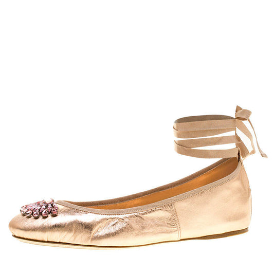 Original Jimmy Choo Metallic Rose Leather Grace Crystal Embellished Ankle Wrap Ballet Flats Size 41 (Never Used)