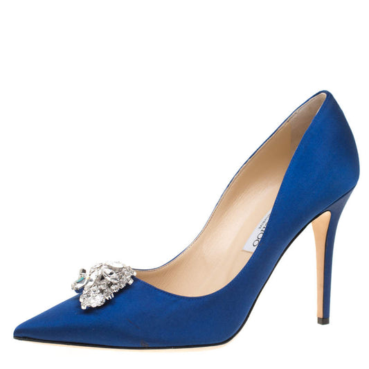 Original Jimmy Choo Exclusive Collection Electric Blue Satin Manda Crystal Embellished Pointed Toe Pumps Size 41 (Never Used)