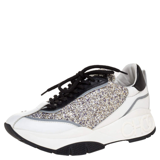 Original Jimmy Choo White/Sliver Leather And Glitter Raine Low Top Sneakers Size 38 (Never Used)