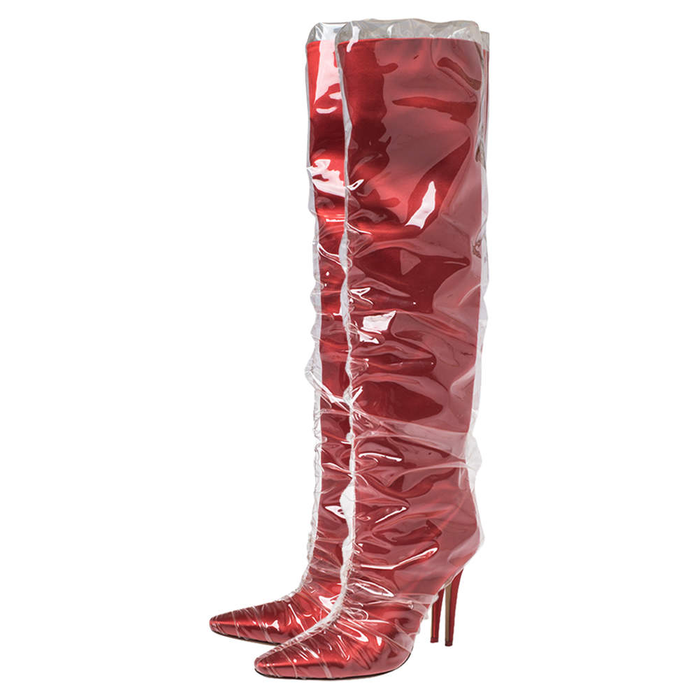 Original Jimmy Choo C/O Off-White Red Satin And PVC Elisabeth Knee Length Pointed Toe Boots Size 40