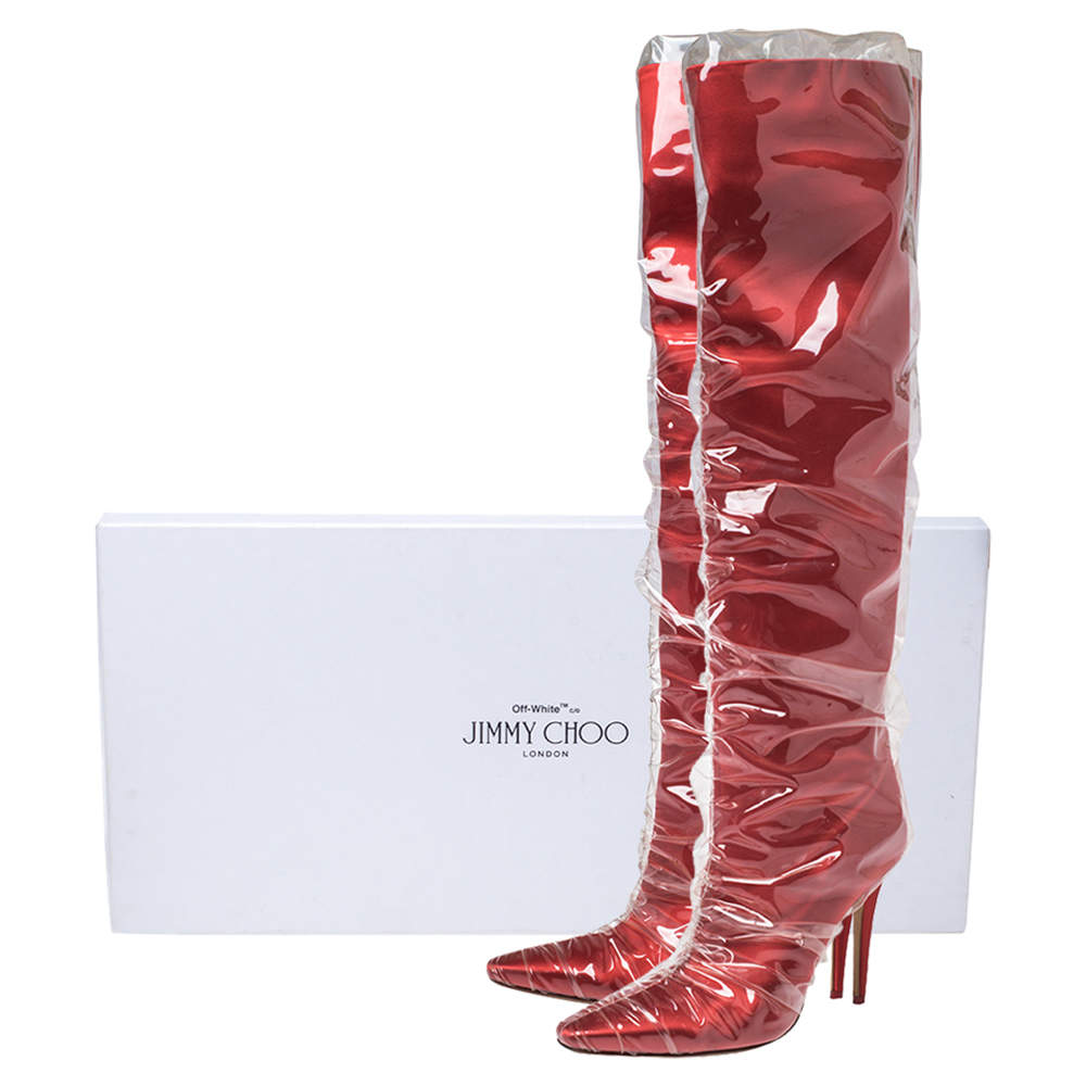 Original Jimmy Choo C/O Off-White Red Satin And PVC Elisabeth Knee Length Pointed Toe Boots Size 40