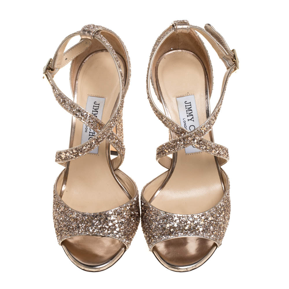 Original Jimmy Choo Rose Gold Glitter Carrie Criss Cross Sandals Size 37