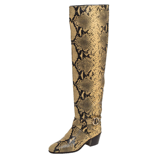 Original Jimmy Choo Yellow/Black Snake Print Leather Beca Over The Knee Boots Size 38