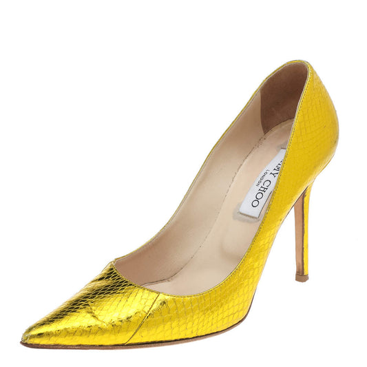 Original Jimmy Choo Metallic Yellow Python Embossed Leather Abel Pointed Pumps Size 39