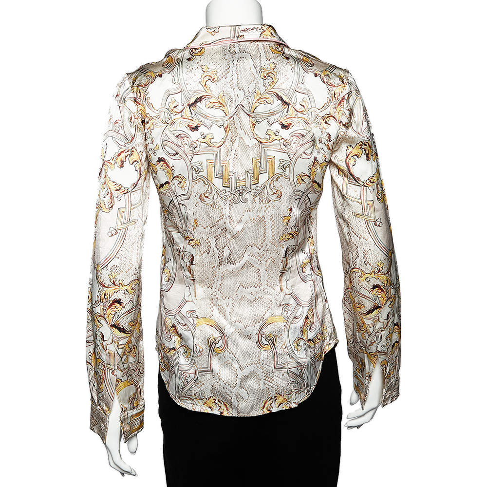 Original Just Cavalli White Printed Silk Satin Button Front Shirt S