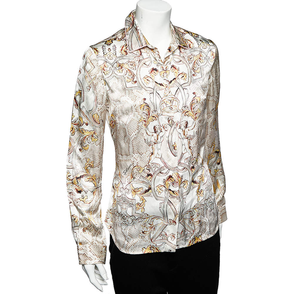 Original Just Cavalli White Printed Silk Satin Button Front Shirt S