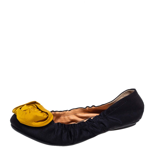 Original Lanvin Black/Yellow Satin Rose Applique Embellished Scrunch Ballet Flats Size 38