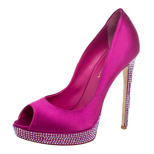 Original Le Silla Purple  Satin Crystal Embellished Platform Peep Toe Pumps Size 38  (Never Used)