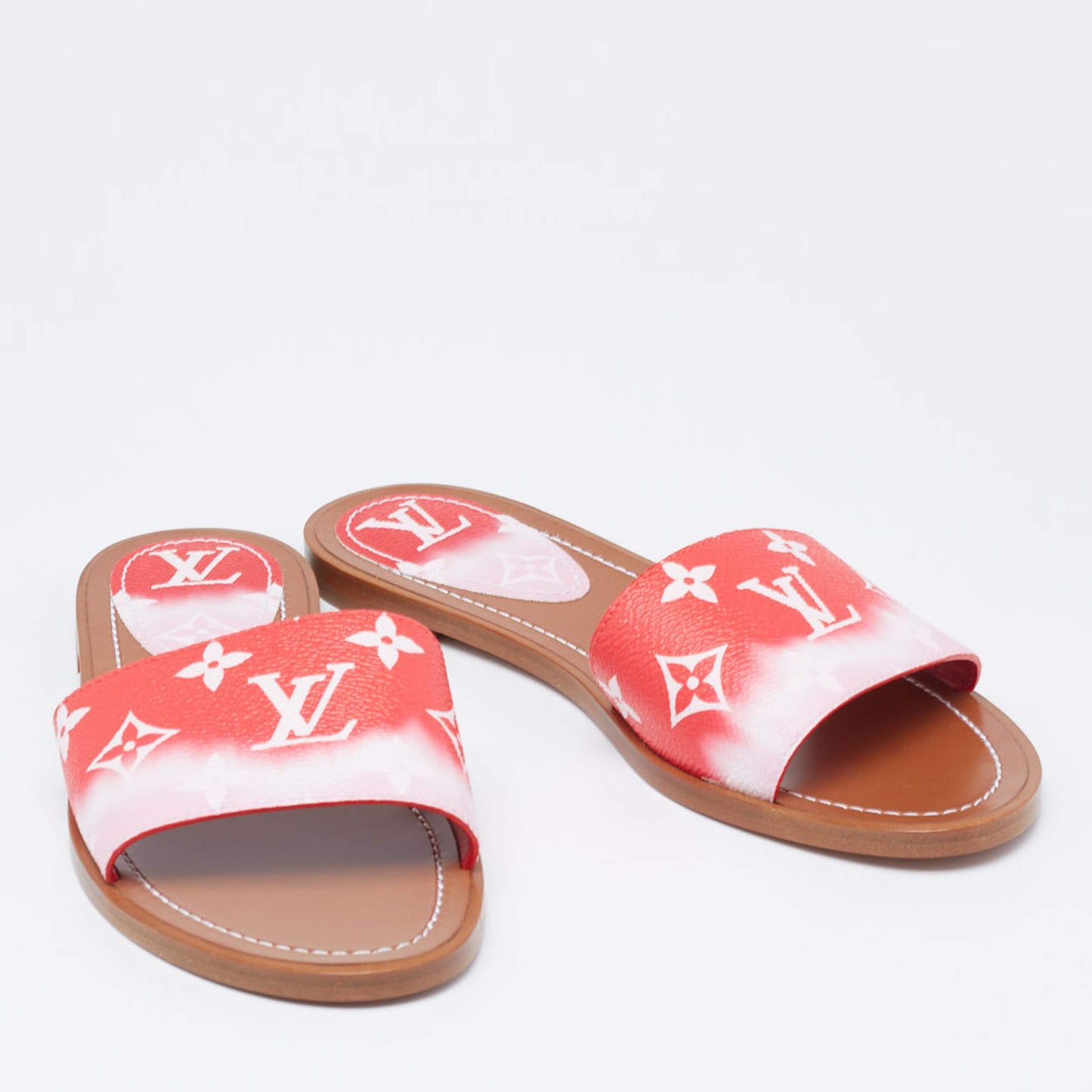 Original Louis Vuitton Two-Tone Monogram Coated Canvas Escale Lock It Flat Slides Size 37  (Never Used)