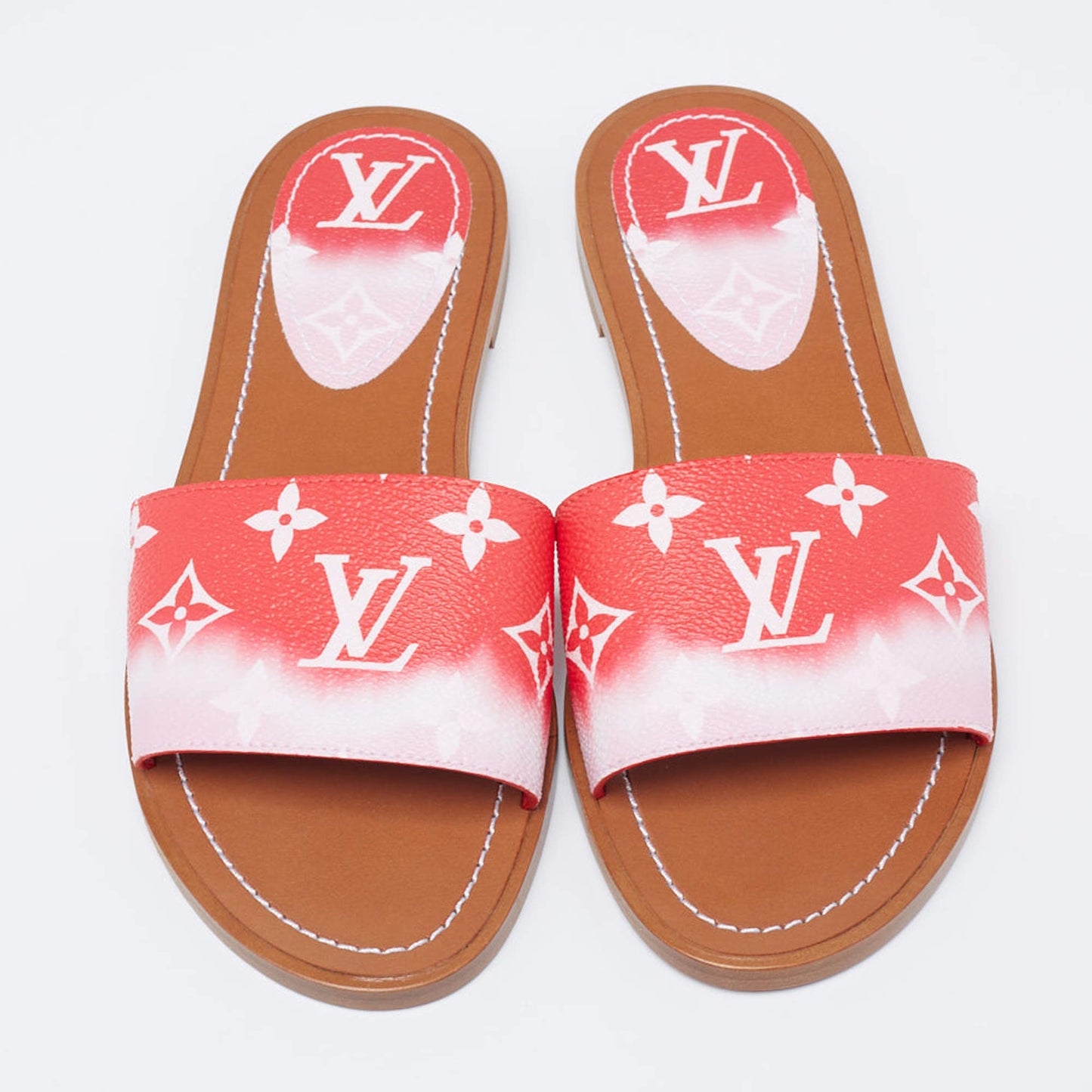 Original Louis Vuitton Two-Tone Monogram Coated Canvas Escale Lock It Flat Slides Size 37  (Never Used)