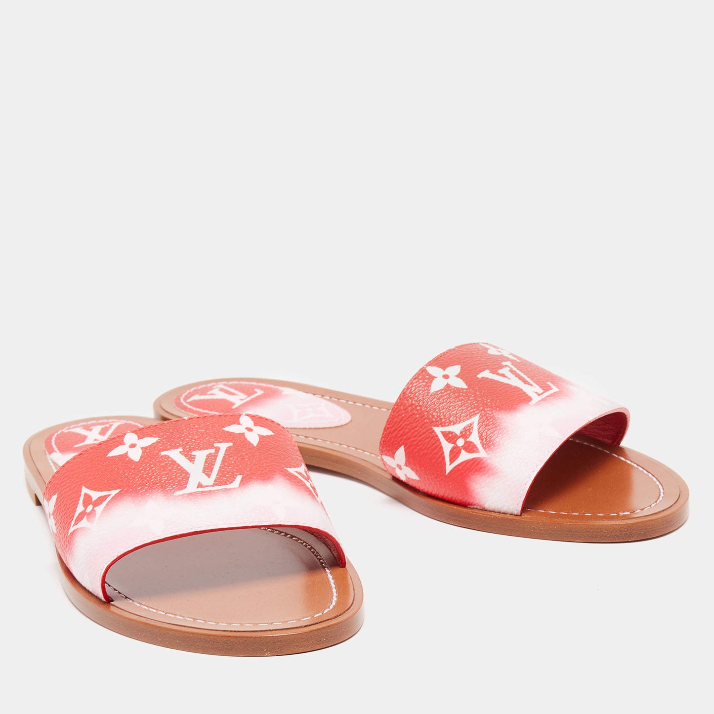 Original Louis Vuitton Two-Tone Monogram Coated Canvas Escale Lock It Flat Slides Size 37  (Never Used)