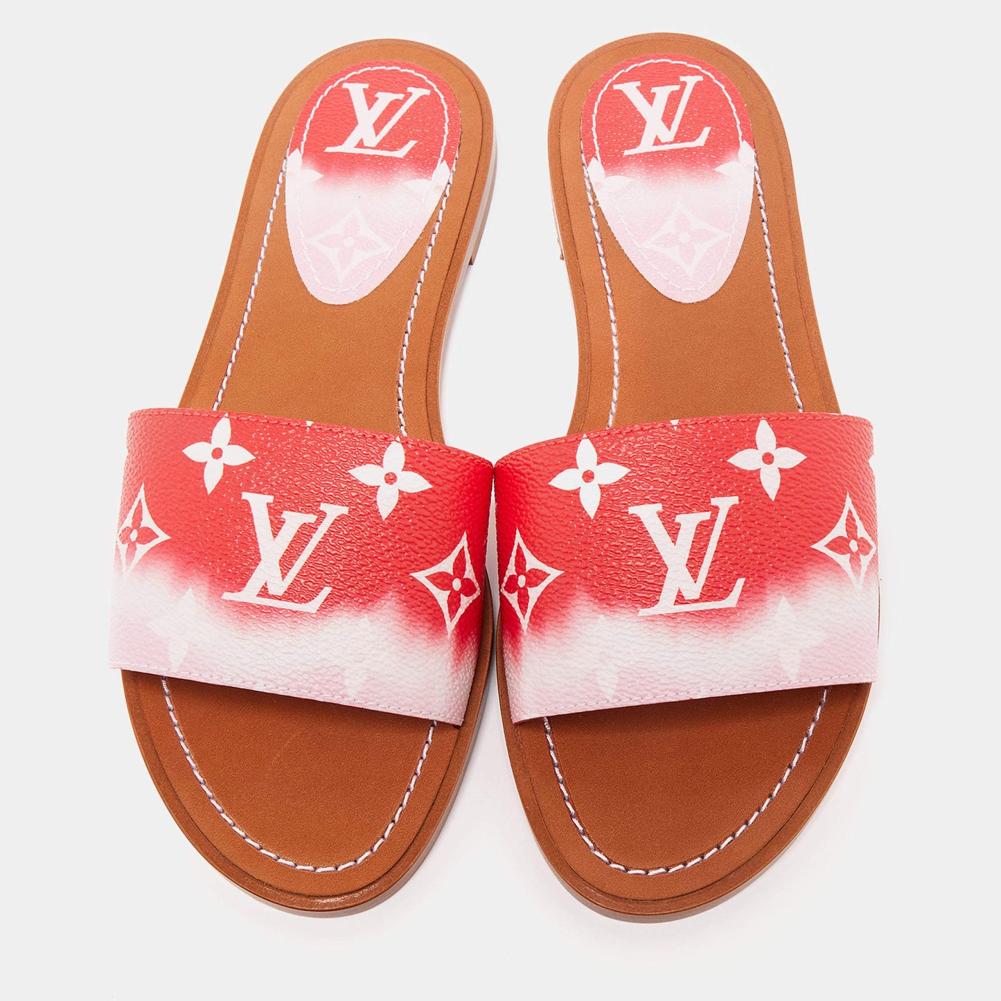 Original Louis Vuitton Two-Tone Monogram Coated Canvas Escale Lock It Flat Slides Size 37  (Never Used)