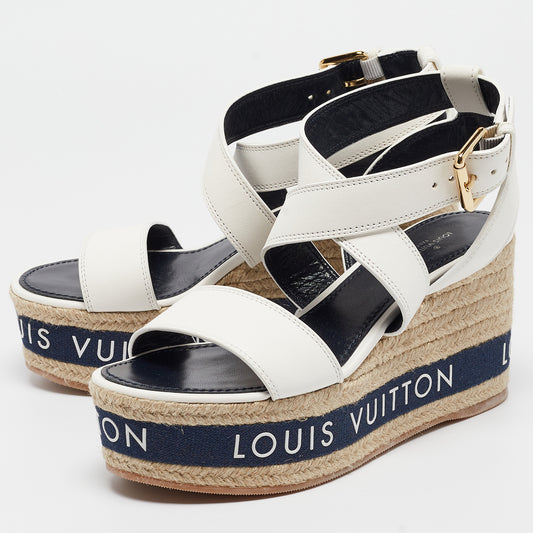 Original Louis Vuitton White Leather Wedge Espadrille Ankle Strap Sandals Size 36.5 (Never Used)