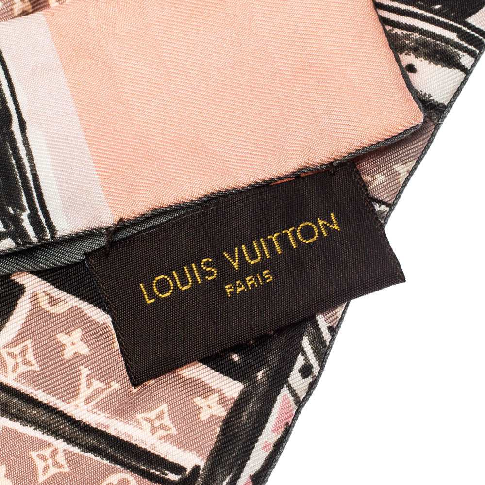 Original Louis Vuitton Rose Poudre Monogram and Trunk Print Silk Bandeau Scarf