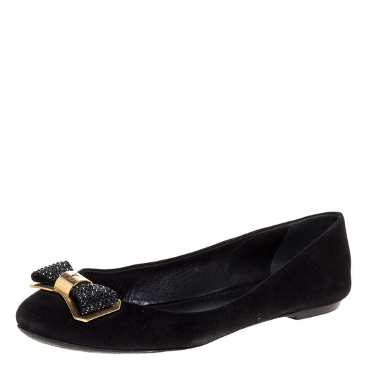 Original Louis Vuitton Black Suede 'Lou' Crystal Embellished Bow Detail Ballet Flats Size 37