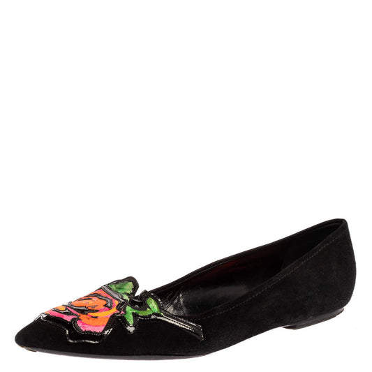 Original Louis Vuitton Limited Edition Black Suede Stephen Sprouse Rose Pointed Toe Ballet Flat Size 41