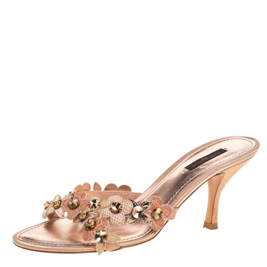 Original Louis Vuitton Metallic Rose Gold Leather Flower Detail Crystal Embellished Slide Sandals Size 38.5