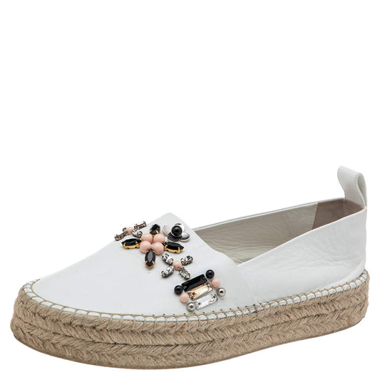 Original Louis Vuitton White Leather Embellished Espadrille Flats Size 39