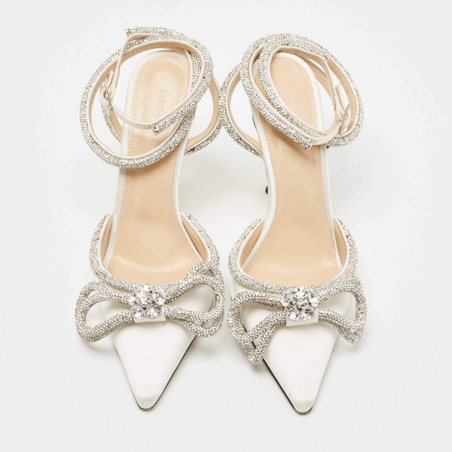 Original Mach & Mach White Satin Crystal Embellished Double Bow Ankle Wrap Sandals Size 37.5