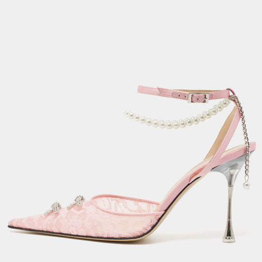 Original Mach & Mach Pink Satin and Lace Crystal Embellished Ankle Strap Pumps Size 39.5