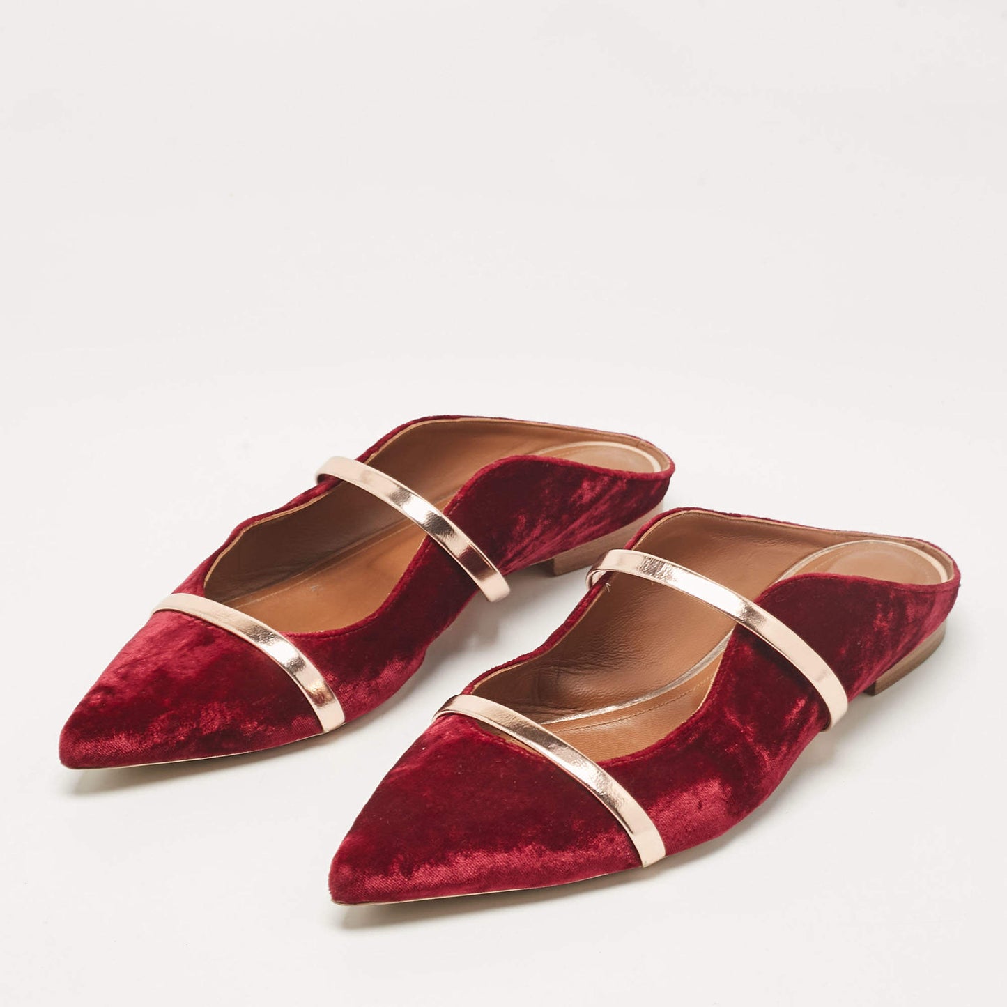 Original Malone Souliers Burgundy/Rose Gold Velvet Maureen Flat Mules Size 40