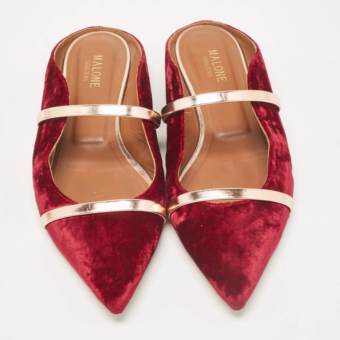 Original Malone Souliers Burgundy/Rose Gold Velvet Maureen Flat Mules Size 40