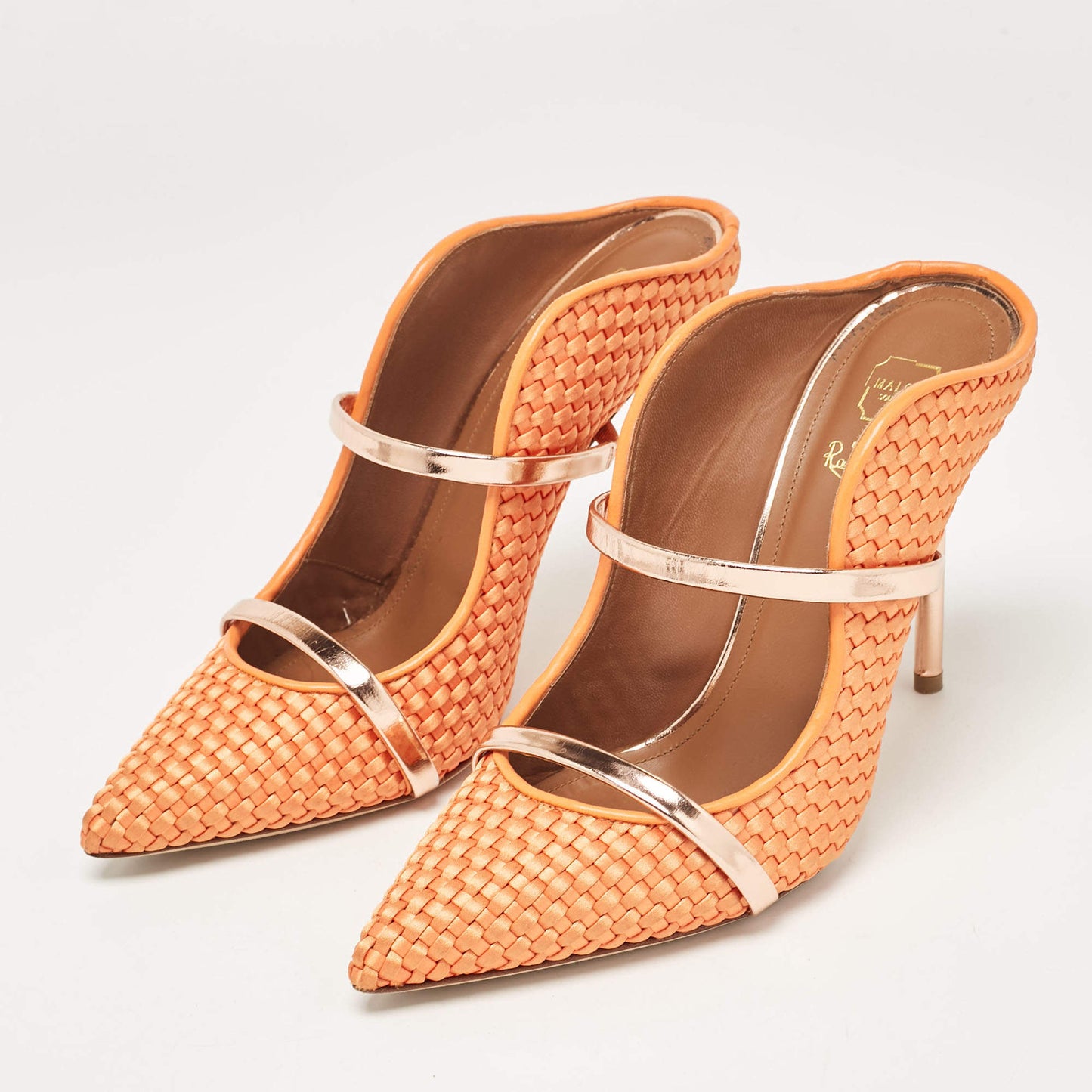 Original Malone Souliers Orange/Rose Gold Woven Satin and Leather Maureen Mules Size 39