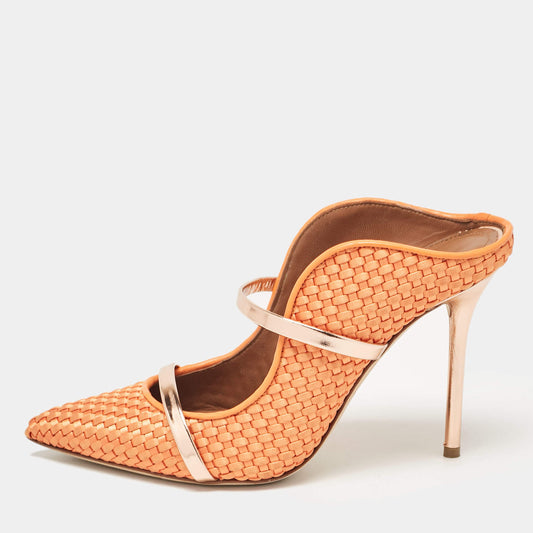 Original Malone Souliers Orange/Rose Gold Woven Satin and Leather Maureen Mules Size 39