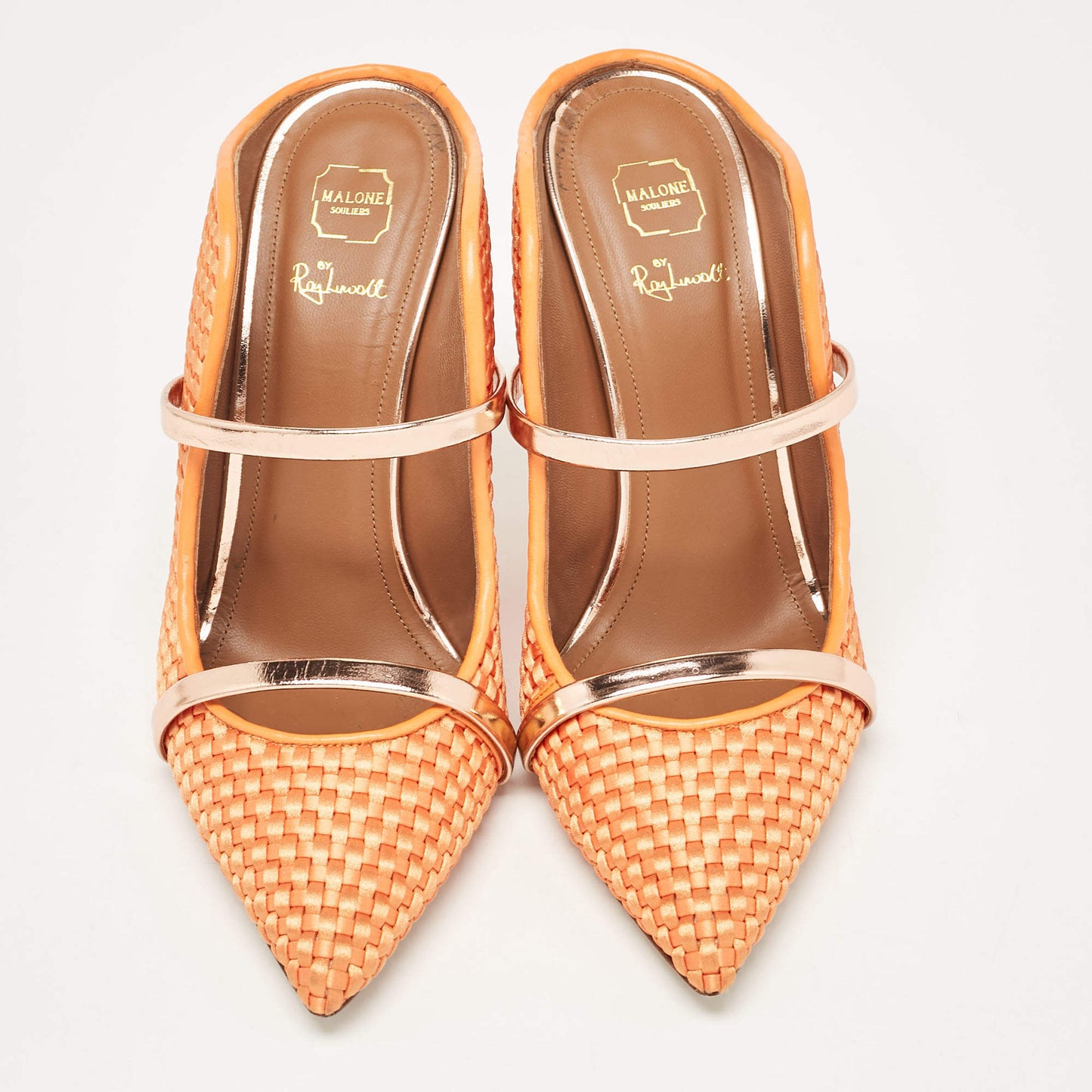 Original Malone Souliers Orange/Rose Gold Woven Satin and Leather Maureen Mules Size 39