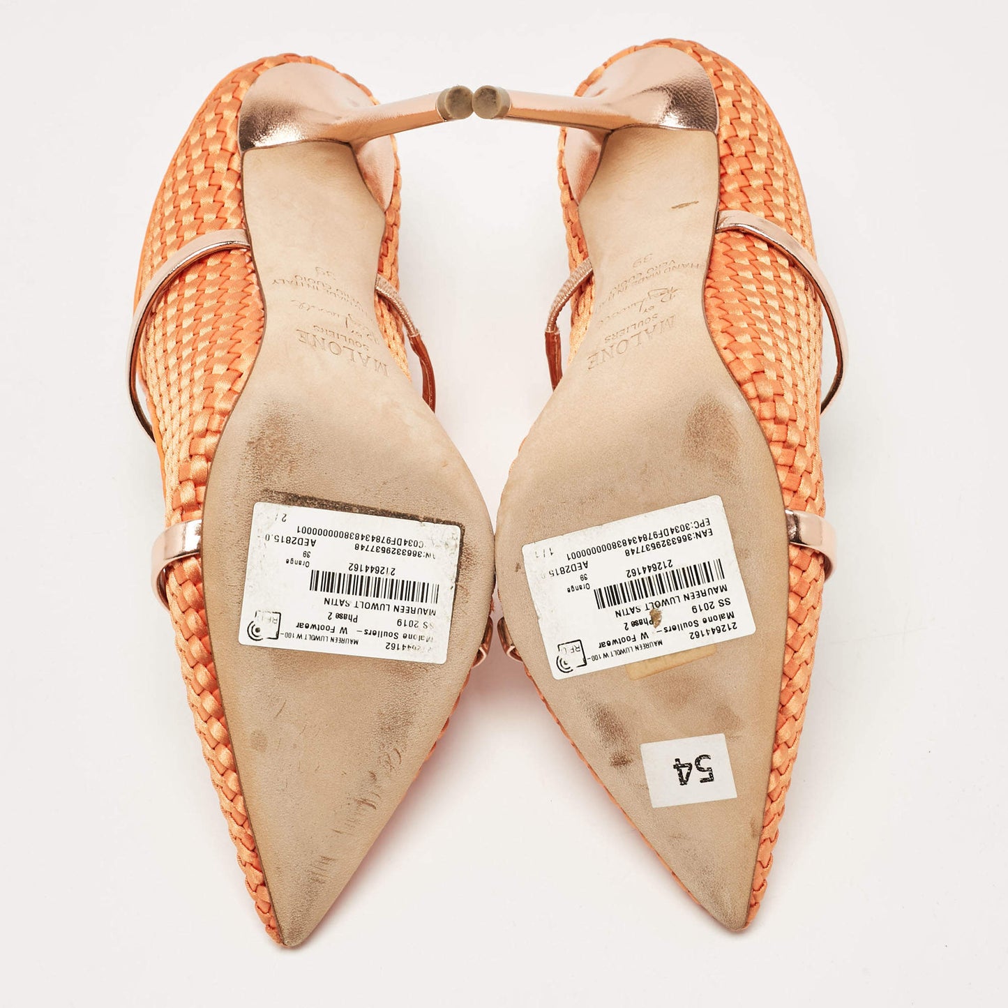 Original Malone Souliers Orange/Rose Gold Woven Satin and Leather Maureen Mules Size 39