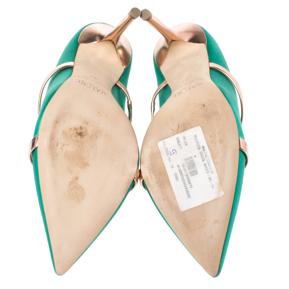 Original Malone Souliers Green Satin and Rose Gold Trim Leather Maureen Pointed Toe Mules Size 38