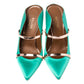 Original Malone Souliers Green Satin and Rose Gold Trim Leather Maureen Pointed Toe Mules Size 38