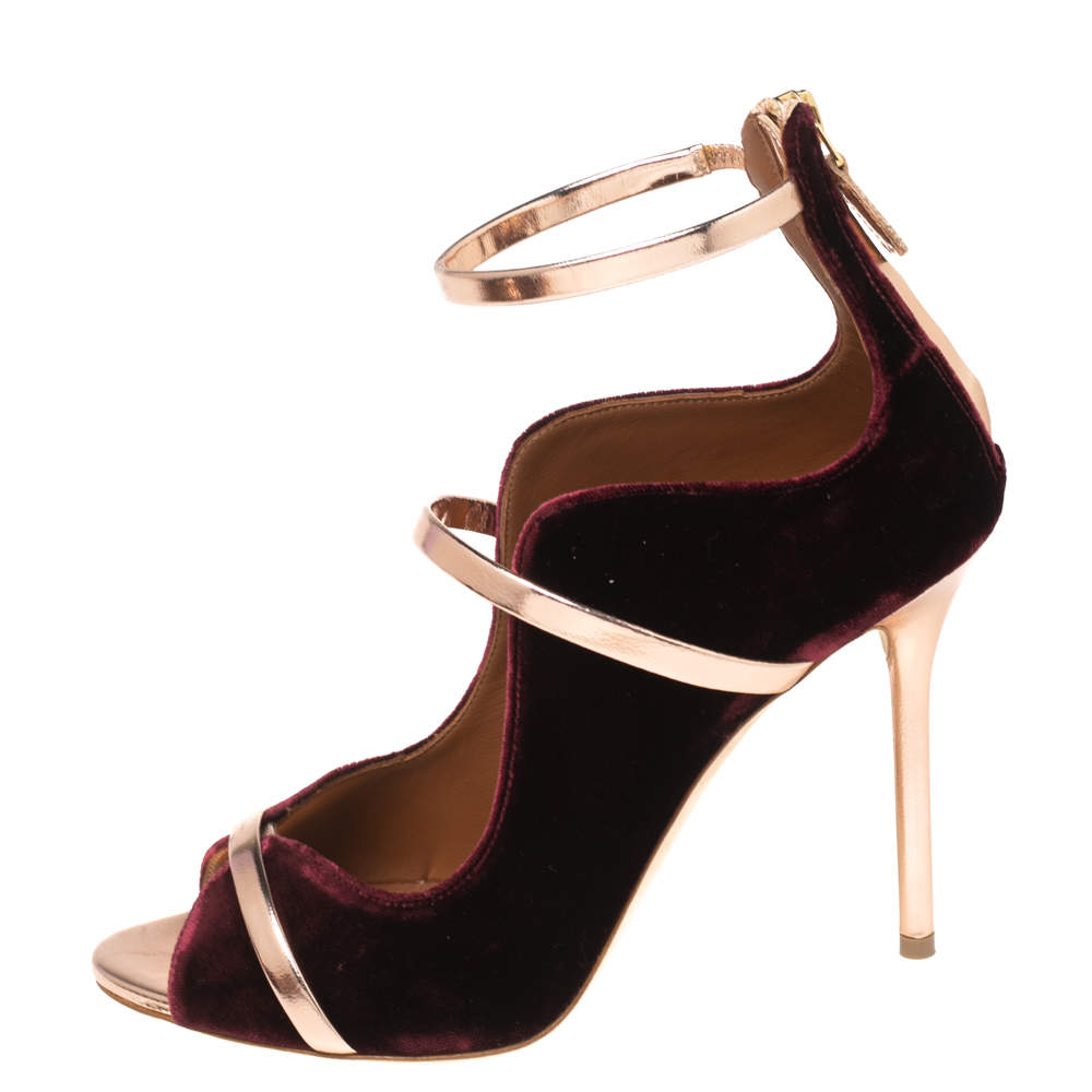 Original Malone Souliers Burgundy/Metallic Rose Gold Velvet and Leather Mika Sandals Size 38