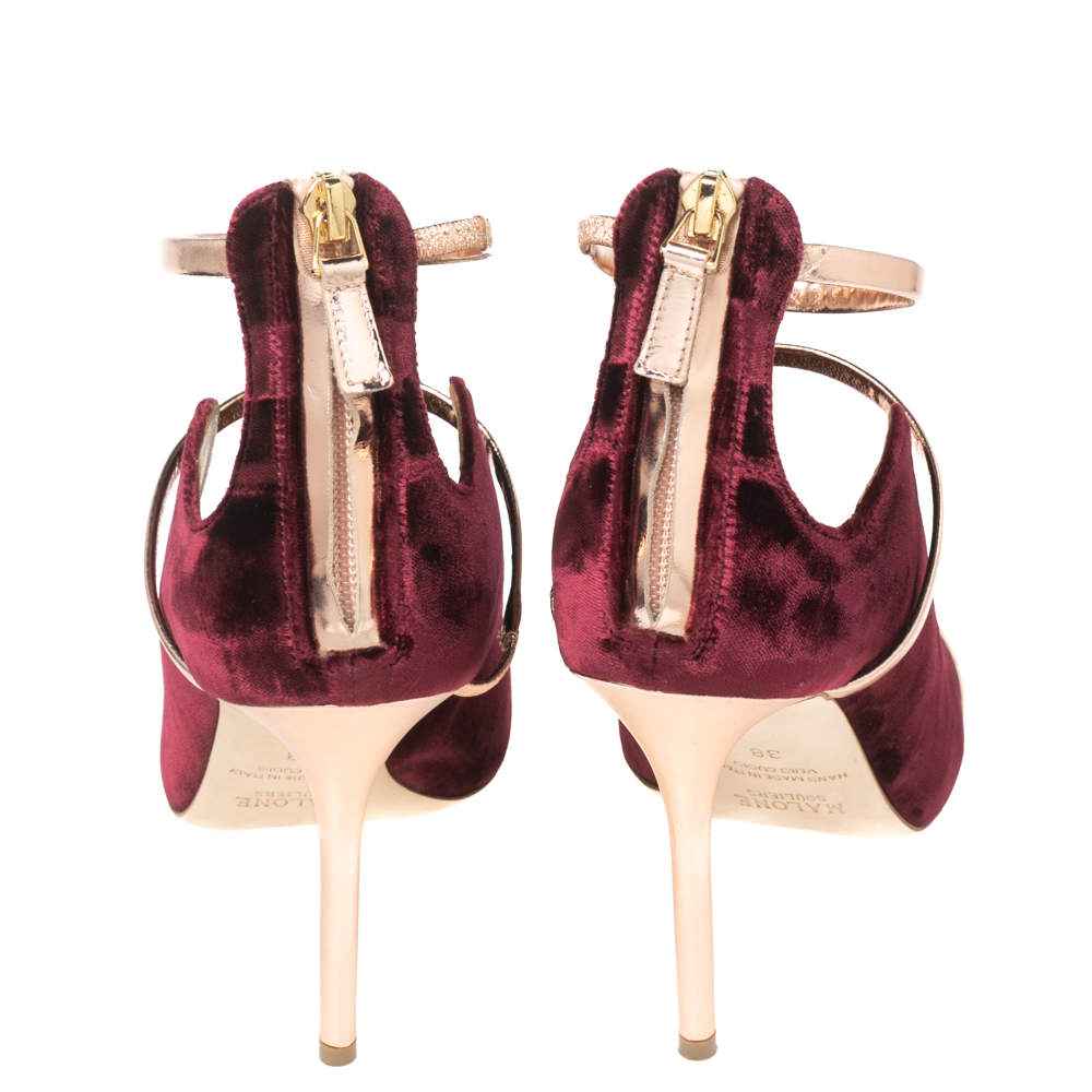 Original Malone Souliers Burgundy/Metallic Rose Gold Velvet and Leather Mika Sandals Size 38