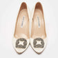 Original Manolo Blahnik White Satin Hangisi Crystal Embellished Pointed Toe Pumps Size 38.5