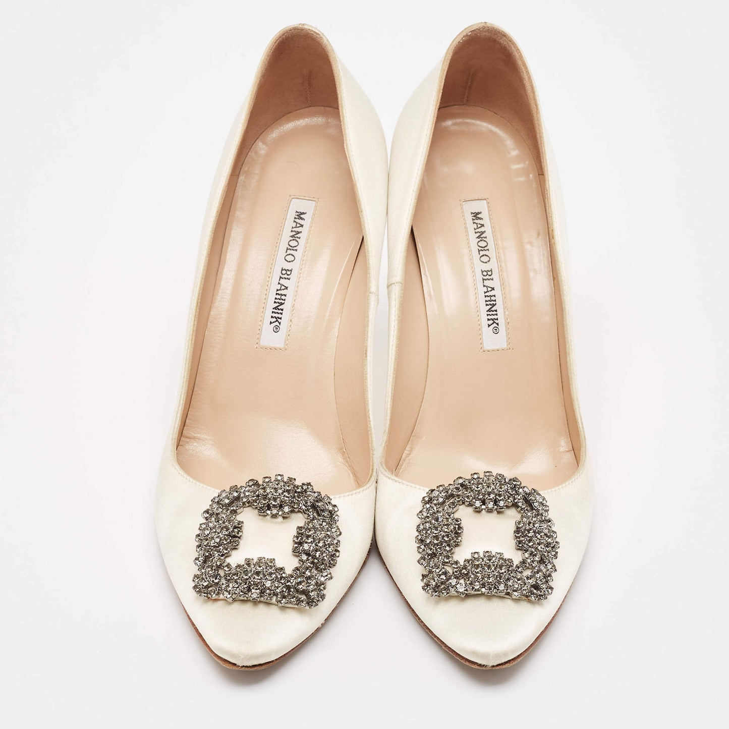 Original Manolo Blahnik White Satin Hangisi Crystal Embellished Pointed Toe Pumps Size 38.5