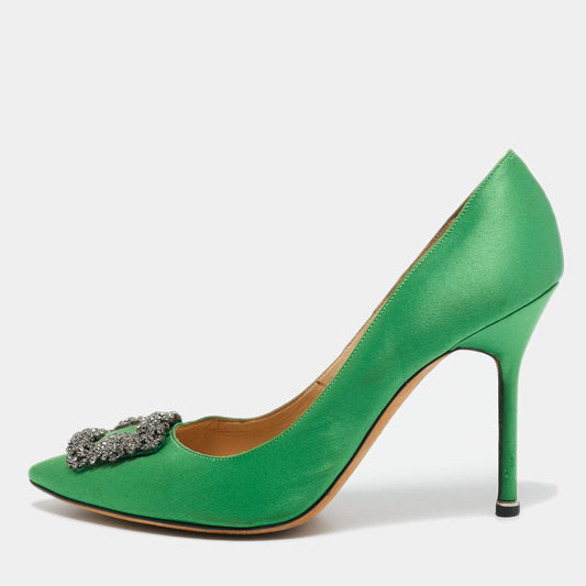 Original Manolo Blahnik Green Satin Hangisi Pumps Size 42