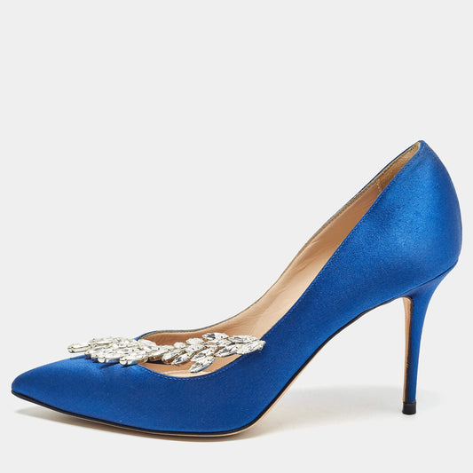 Original Manolo Blahnik Blue Satin Nadira Pumps Size 36.5