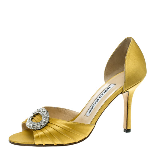 Original Manolo Blahnik Yellow Pleated Satin Sedaraby D'orsay Sandals Size 36